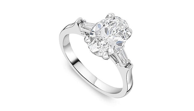 Platinum engagement ring with 1.98ct lab-grown oval diamond and tapered baguette side stones, Born collection